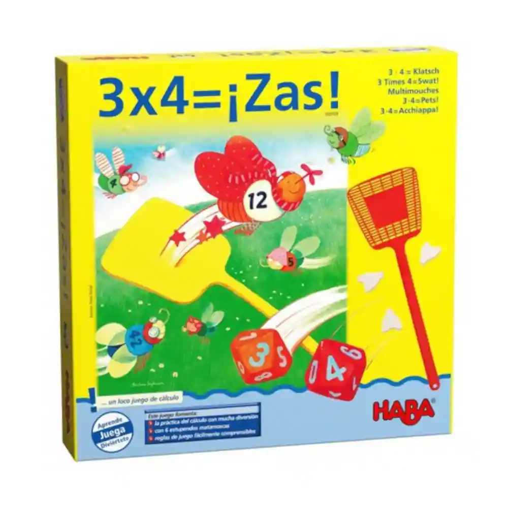 Caja del juego HABA 3x4=¡Zas! en español, con ilustraciones coloridas de moscas y matamoscas.