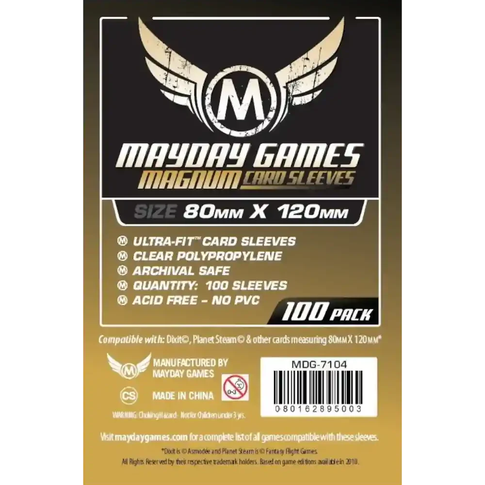 Pack de 100 fundas Mayday Games Magnum 80x120mm transparentes, libres de ácido y PVC