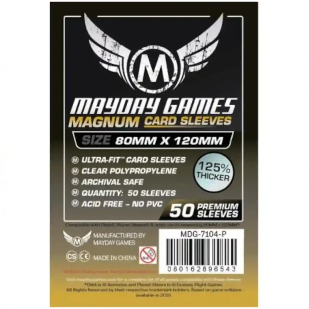 Pack de 50 fundas Mayday Games Magnum Premium Gold 80x120mm trasera negra para Dixit, Planet Steam y juegos similares