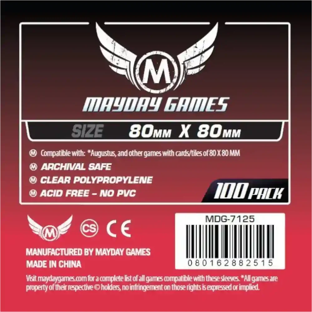 Pack de 100 fundas Mayday Games cuadradas 80x80mm, transparentes y libres de ácido