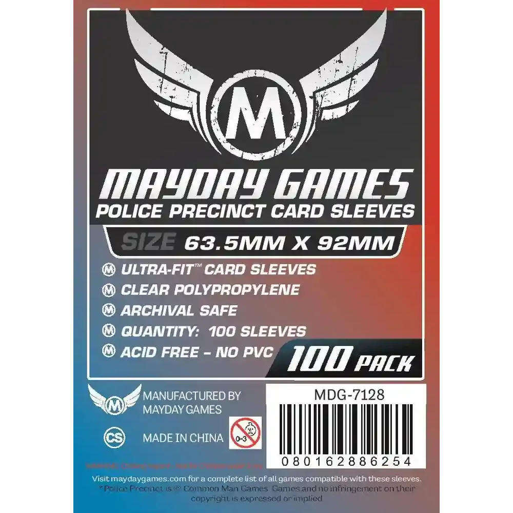 Pack de 100 fundas Mayday Games Police Precinct 63.5x92mm Ultra-Fit, transparentes y libres de ácido