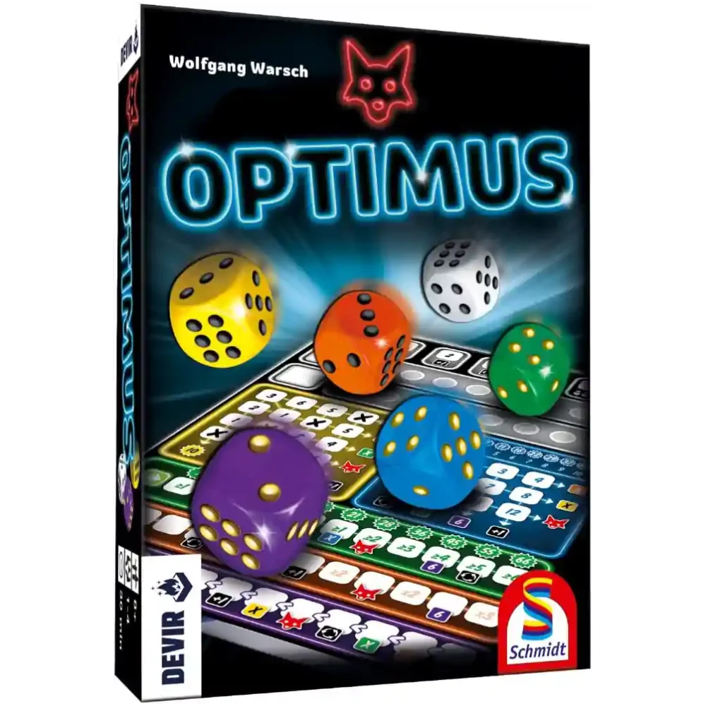 Componentes del juego Optimus de Devir con dados y bloc de puntuación