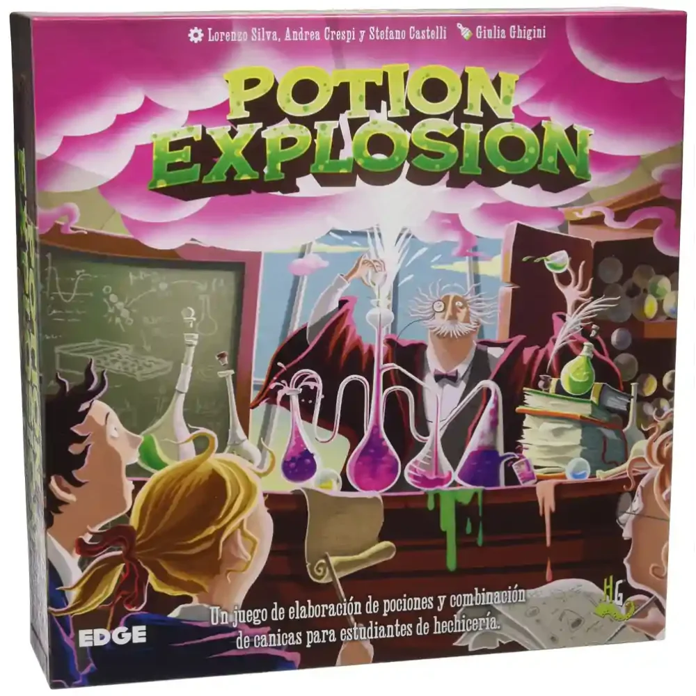 Juego Potion Explosion de Edge y Asmodee con dispensador de canicas e ingredientes mágicos