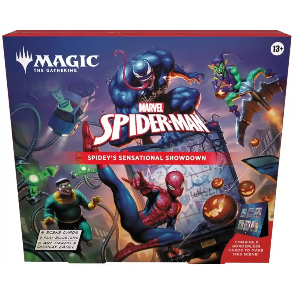 Caja de escena de Magic The Gathering Marvel Spider-Man con ilustración de Spider-Man y sobres de juego.